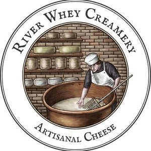 This is an image of the River whey creamery logo that includes a cheese maiden dipping her hand into a vat of milk