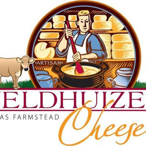 Image of the Veldhuizen Cheese Logo.  It includes a cow and a man stirring a vat of milk.