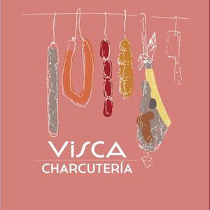 This is an image of the logo for Visca Charcuterie which includes different types of meat hanging on string.