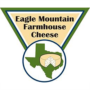 This is an image of the logo of Eagle Mountain Farmhouse Cheese which shows a wedge of cheese on the outline of Texas