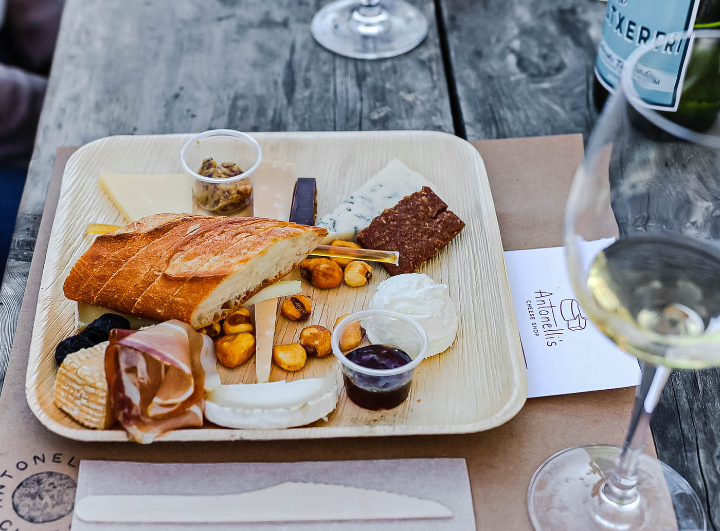 Spring Wine and Cheese Pairing plate with wine glass