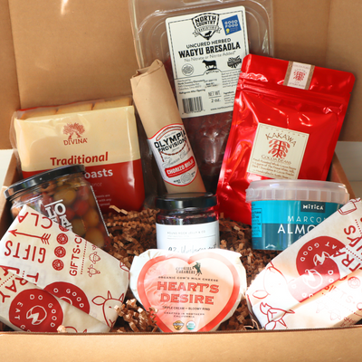 A selection of artisanal products displayed in a box