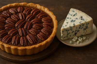 Image of blue cheese next to pecan pie