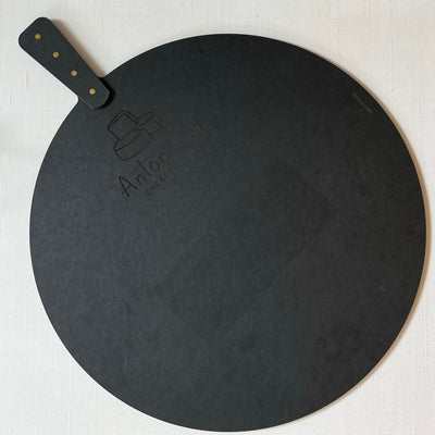 Black 17 inch round cutting board with Antonellis Cheese Logo