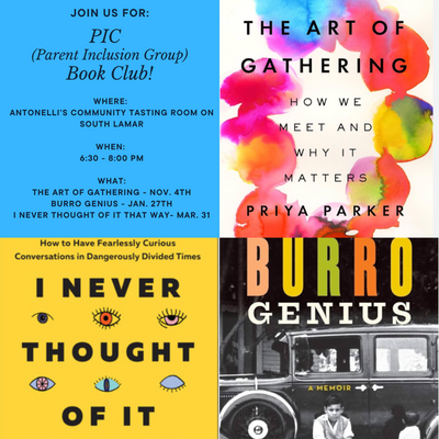 St. Andrew's Parent Inclusion Committee Book Club event poster featuring "The Art of Gathering," "Burro Genius," and "I Never Thought of It That Way."
