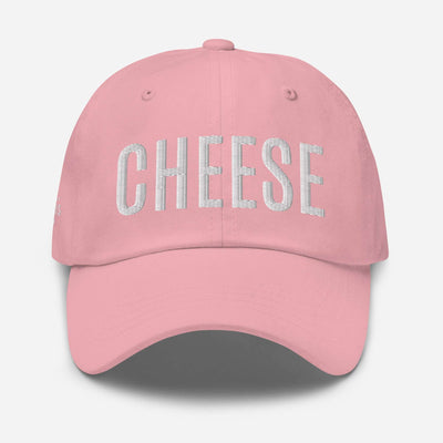 Pink "CHEESE" hat with adjustable strap and curved visor.