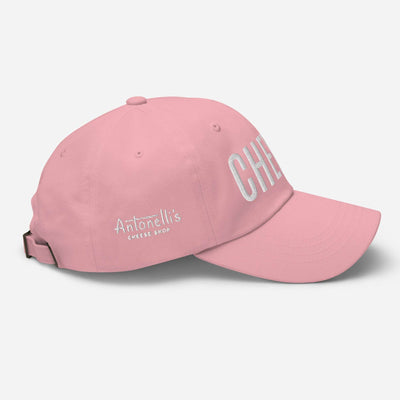 Pink "CHEESE" low-profile dad hat with adjustable strap and curved visor.