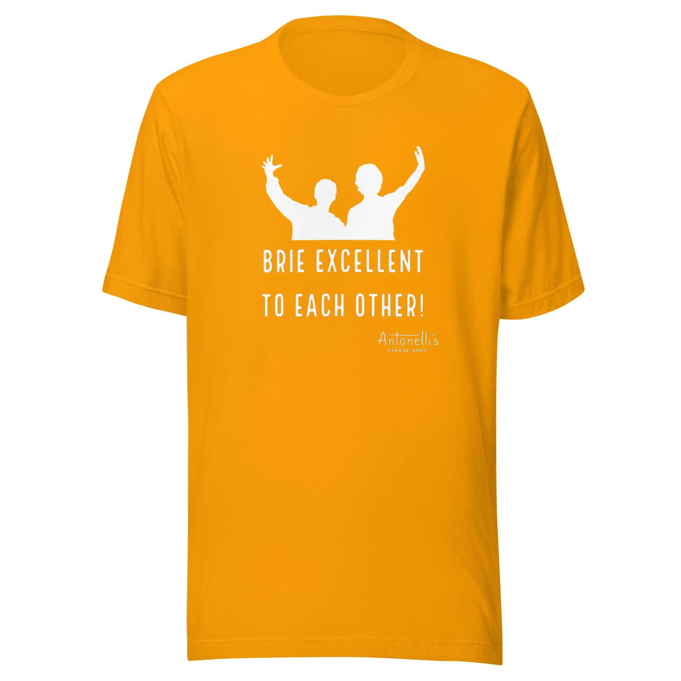 Unisex yellow t-shirt with "Brie Excellent To Each Other" graphic design.