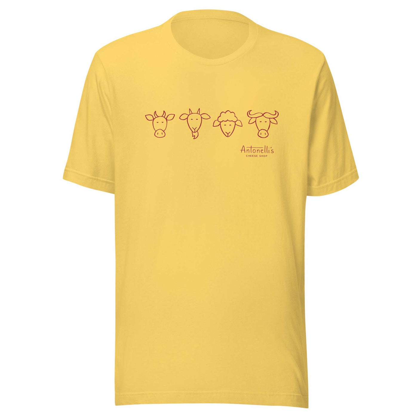Yellow unisex t-shirt featuring animal milk types illustration.