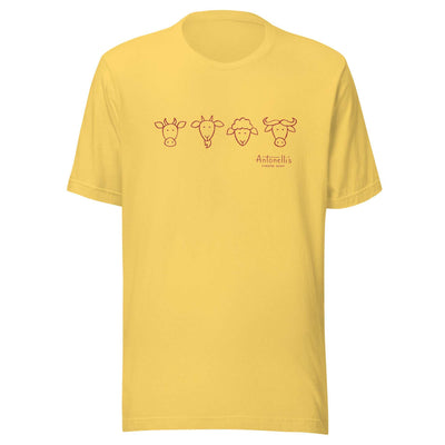 Yellow unisex t-shirt featuring animal milk types illustration.