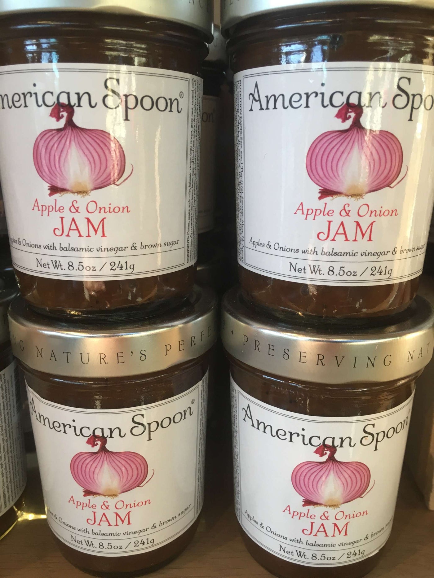 Apple & Onion Jam by American Spoon in 8.5oz jars, featuring Michigan Northern Spy apples and caramelized onions, ideal for savory cheeses and meats.