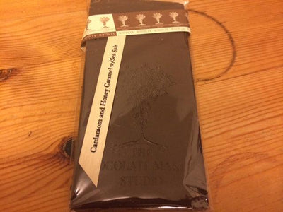 Salted Caramel Bar by Wildwood Chocolate from Oregon on a wooden table.