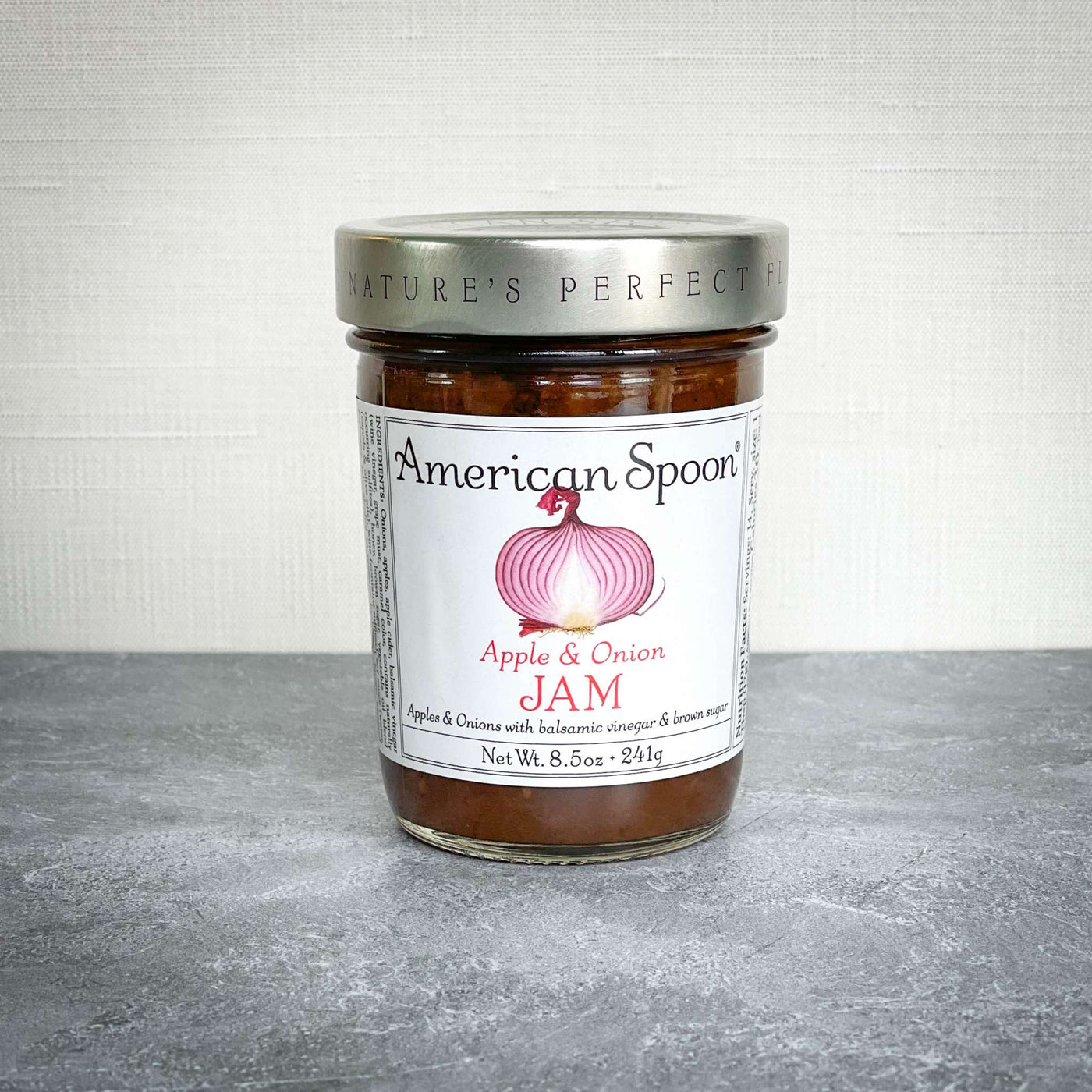 American Spoon Apple and Onion Jam jar with sweet Michigan Northern Spy apples and caramelized onions.