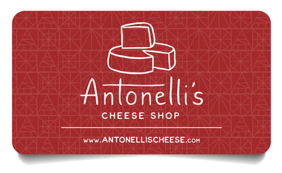 Antonelli's Cheese Gift Card with logo on a red background.