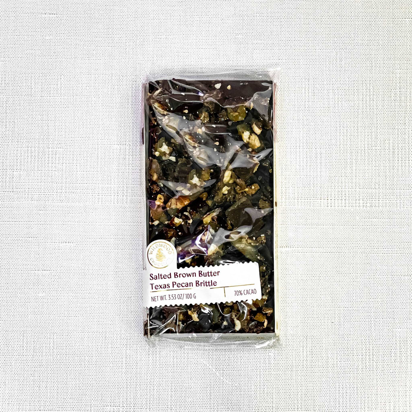 Texas Pecan Brittle Bar with 70% dark chocolate by Wildwood Chocolate.