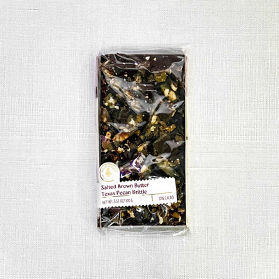 Texas Pecan Brittle Bar with 70% dark chocolate by Wildwood Chocolate.