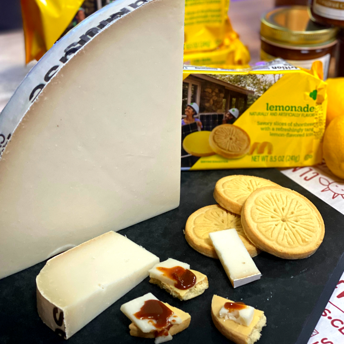 Cookies and cheese pairing with Girl Scouts Lemonade cookies, cheese, and preserves.