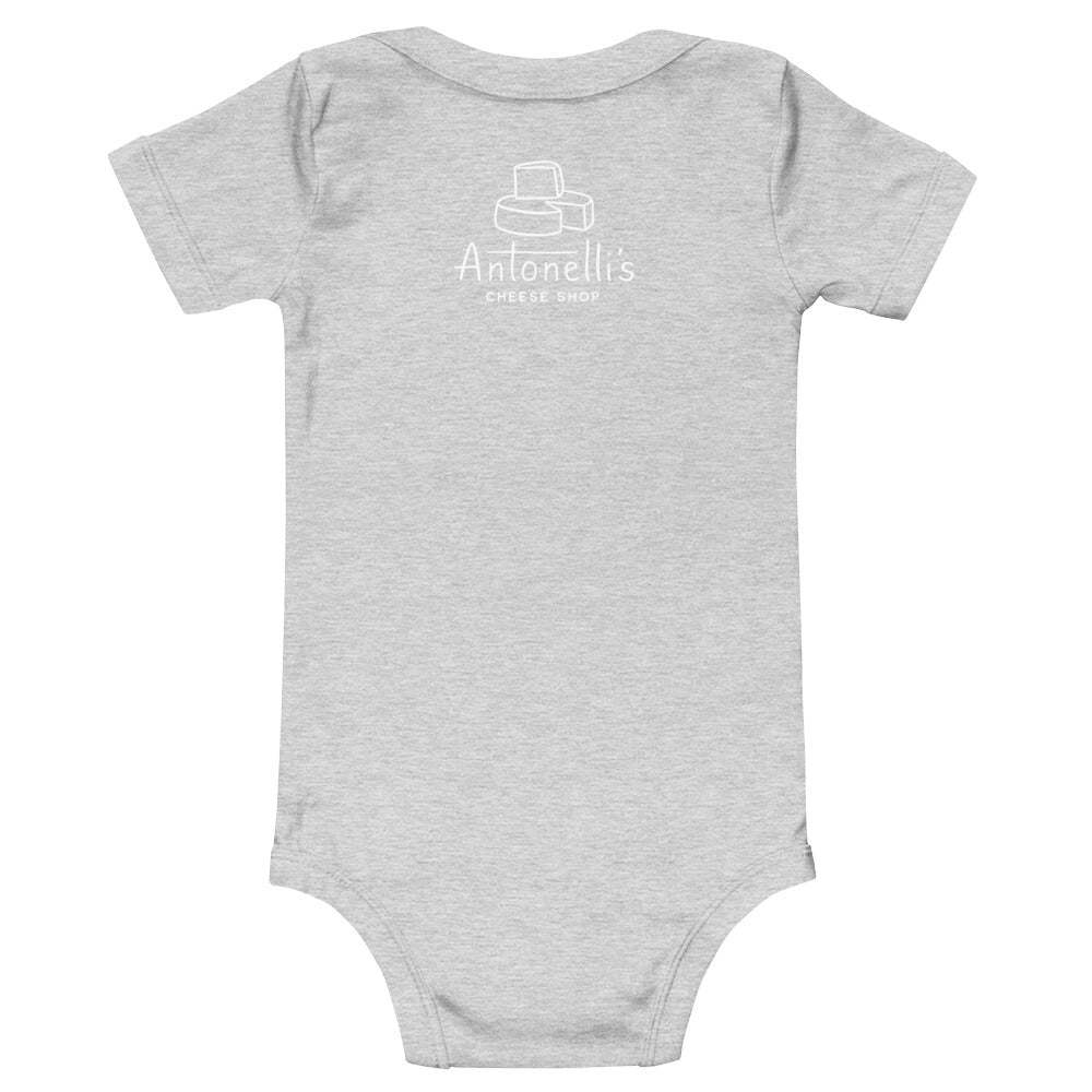 "I'm a Little Munster" baby one-piece in gray featuring Antonelli's Cheese Shop logo on the back.