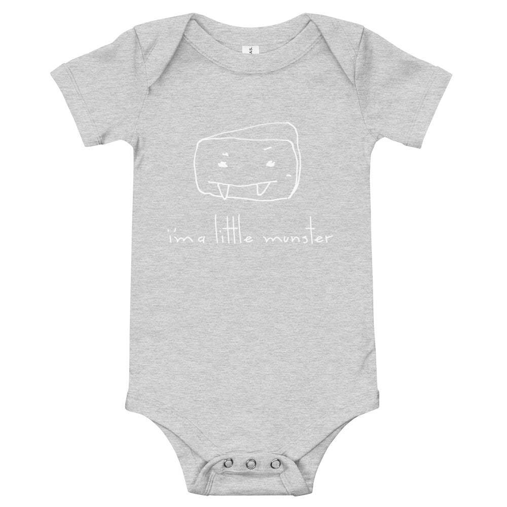 Gray "I'm a Little Munster" baby one-piece with playful design, made of 100% cotton, featuring envelope neckline and three-snap leg closure.