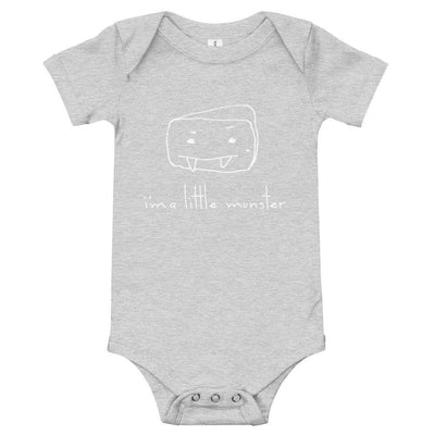 Gray "I'm a Little Munster" baby one-piece with playful design, made of 100% cotton, featuring envelope neckline and three-snap leg closure.
