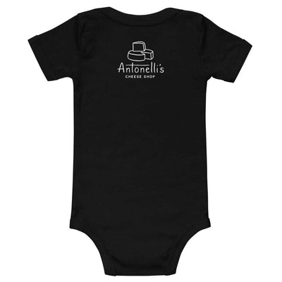 Munster Baby one-piece in black with Antonelli's Cheese Shop logo, cotton fabric.