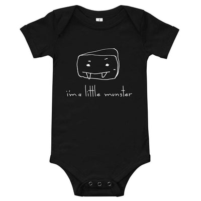 "I'm a Little Munster" baby one-piece, black, 100% cotton, with humorous print and snap closure.