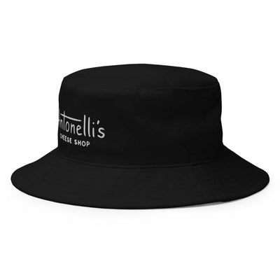 Antonelli's Cheese Bucket Hat in black cotton twill with embroidered design, breathable sewn eyelets.