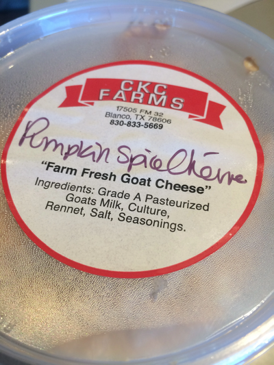 PUMPKIN SPICE CAJETA CHEVRE from CKC Farms, Blanco, TX, past goat cheese with pumpkin pie spice and homemade cajeta.