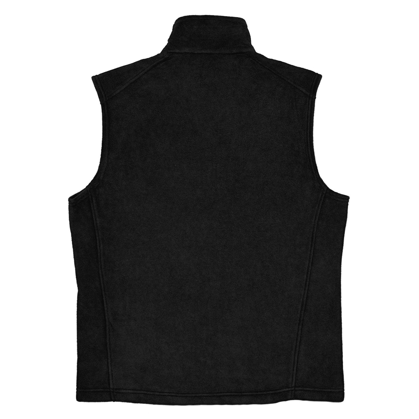 Black Columbia fleece vest with logo, featuring zippered pockets and soft MTR polyester material, ideal for layering in cold weather.