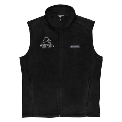 Black Columbia fleece vest with Antonelli's logo, zippered pockets, and soft material.