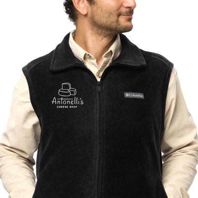 Antonelli's Logo'd Columbia Fleece Vest, men's black zippered fleece vest, Columbia branding, cold weather wear.