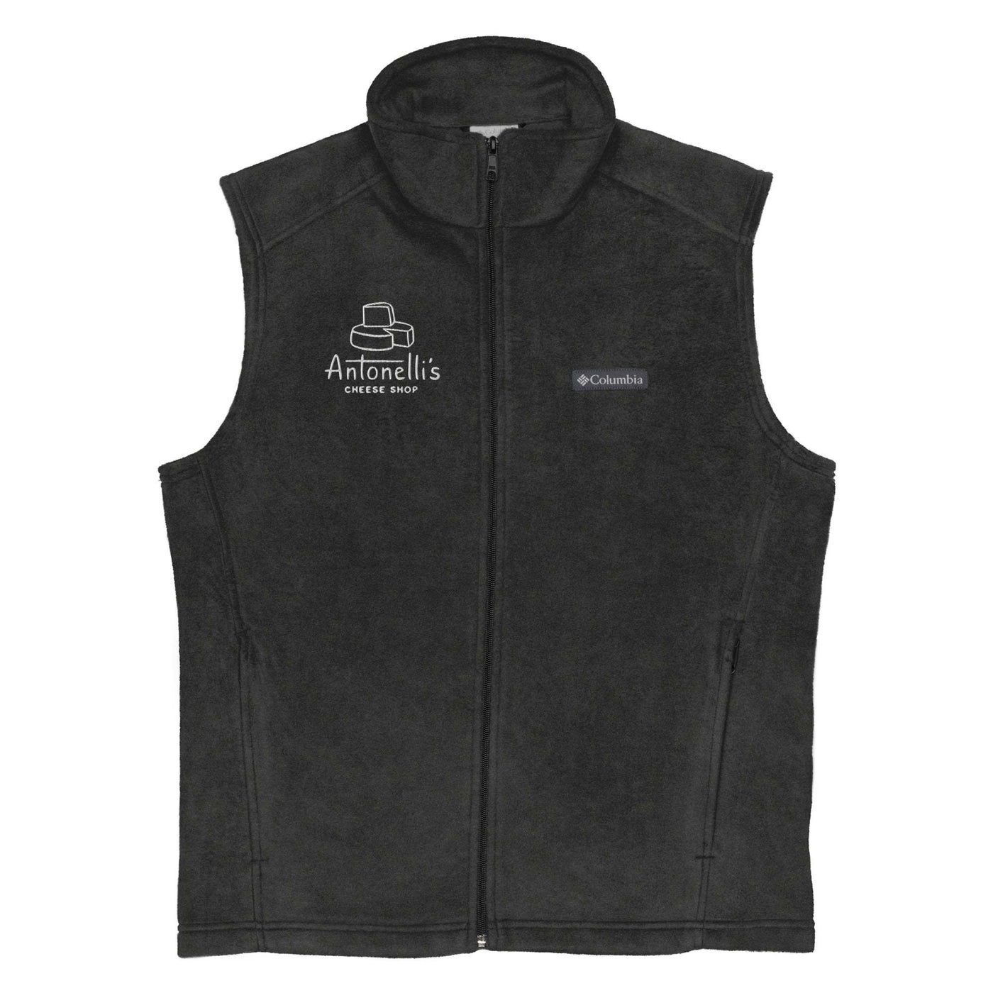 Antonelli's branded Columbia fleece vest, men's modern classic fit, black with zippered pockets.