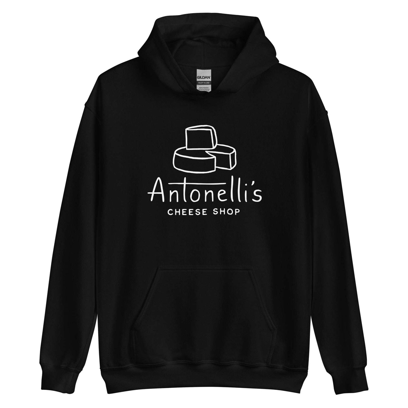 Logo Unisex Hoodie with cheese shop design, black color, double-lined hood, front pouch pocket.