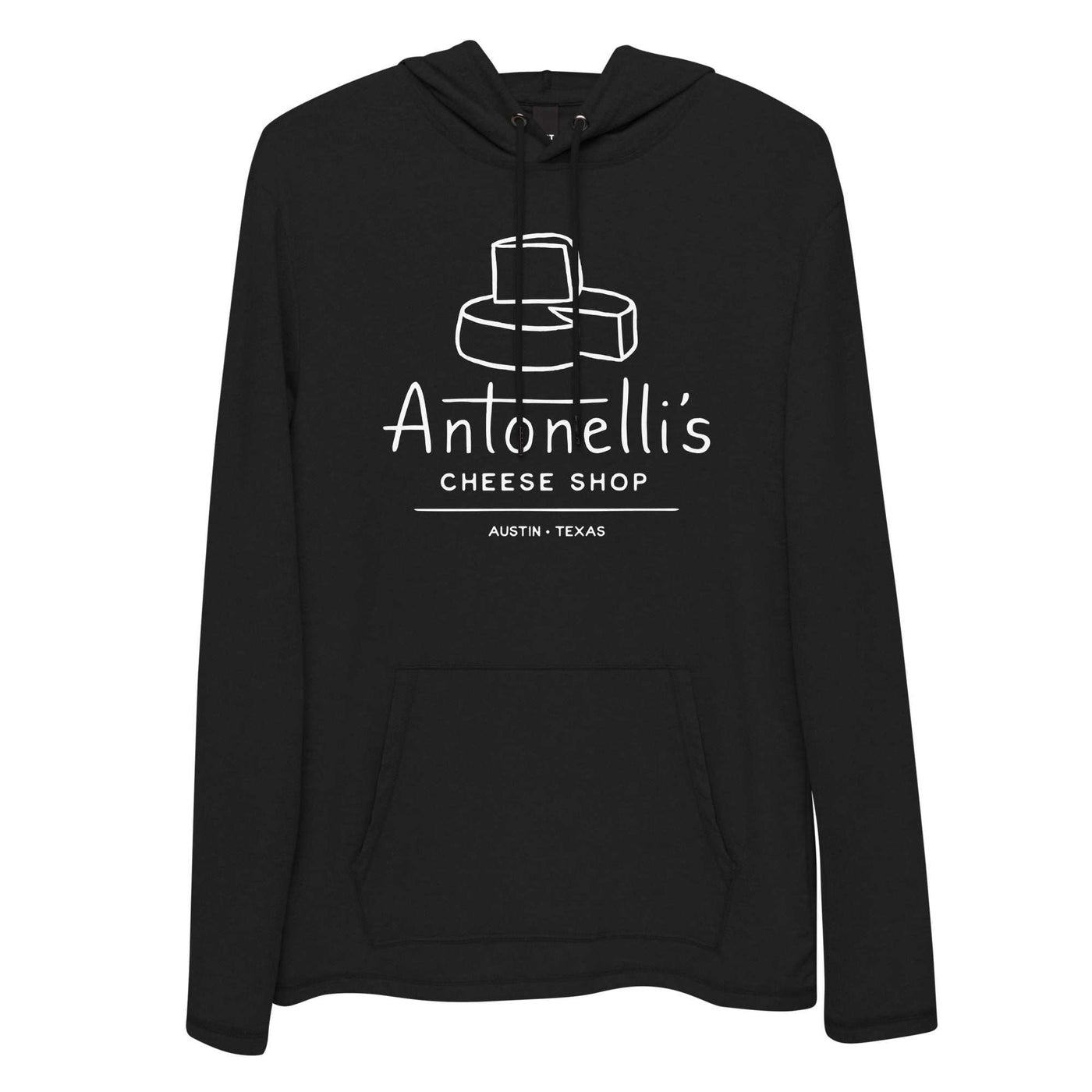 Unisex lightweight hoodie with Antonelli's Cheese Shop design, black color, front pouch pocket.