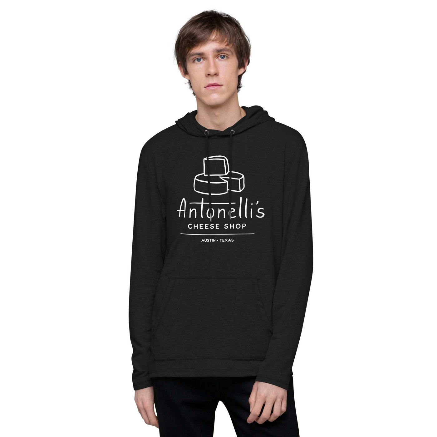 Unisex lightweight hoodie in black with "Antonelli's Cheese Shop" logo, front pouch pocket, and unlined hood.