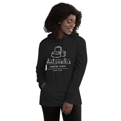Unisex lightweight hoodie with Antonelli's Cheese Shop logo, front pouch pocket, and color-matched drawcords.