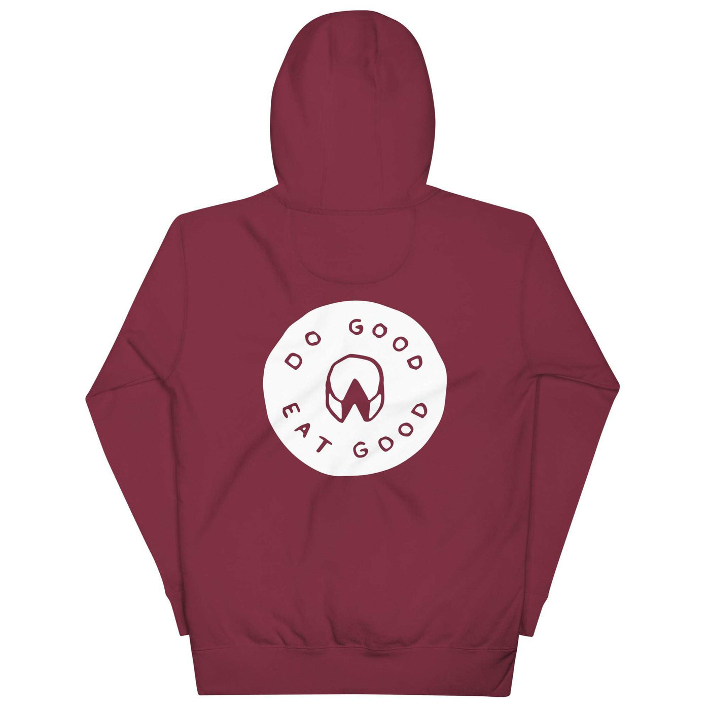 Antonelli's Cheese Unisex Hoodie with pouch pocket and warm hood, featuring "Do Good Eat Good" design on burgundy fabric.