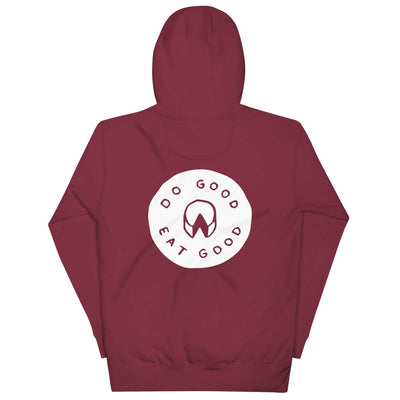 Antonelli's Cheese Unisex Hoodie with pouch pocket and warm hood, featuring "Do Good Eat Good" design on burgundy fabric.