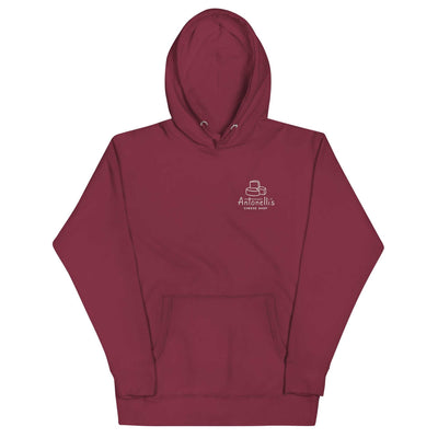 Antonelli's Cheese Unisex Hoodie in maroon with front pouch pocket and hood.