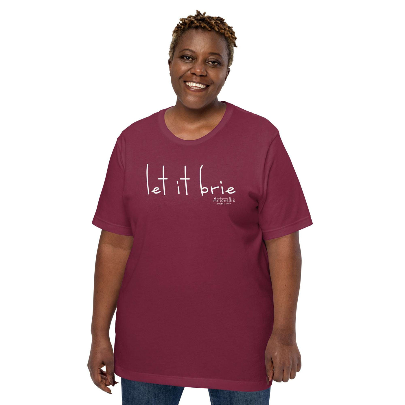 Unisex maroon "Let it Brie" t-shirt with comfortable fit and stretch.