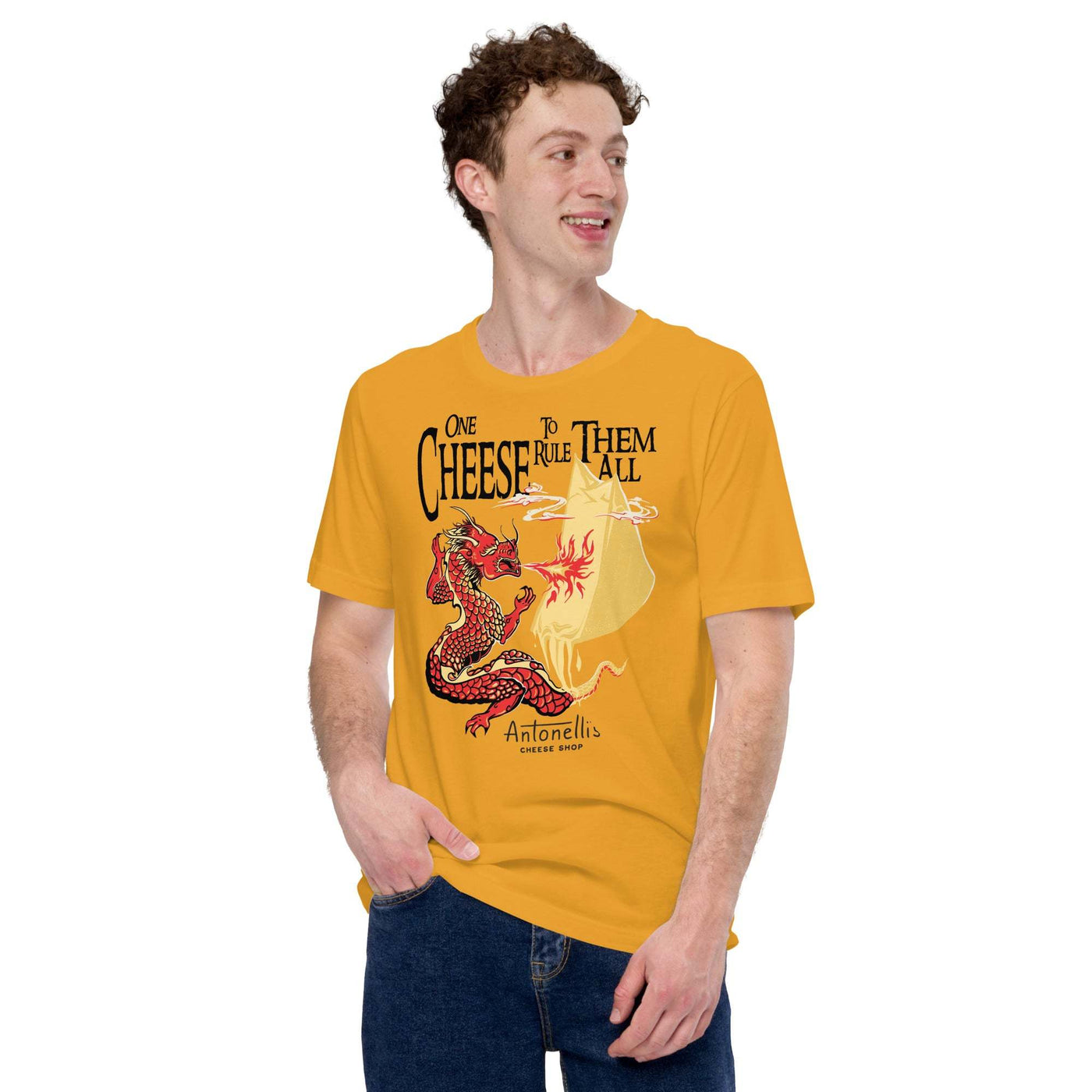 "One Cheese to Rule Them All" adult short sleeve T-shirt featuring dragon graphic.