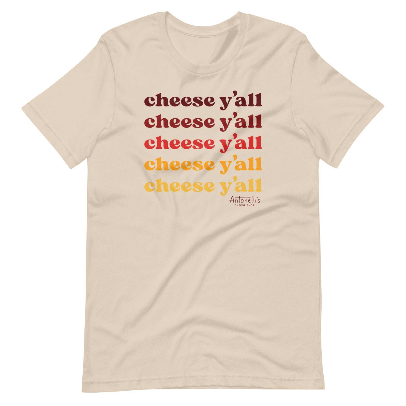 Unisex t-shirt with "Cheese Y'all" print, soft and lightweight, available in various sizes.