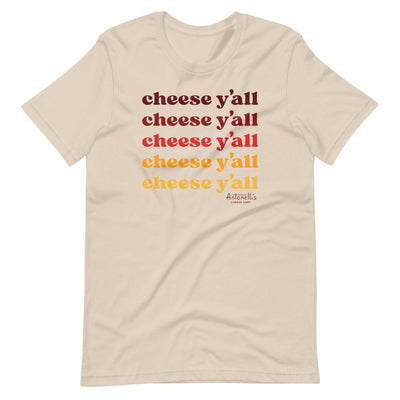 Unisex t-shirt with "Cheese Y'all" print, soft and lightweight, available in various sizes.