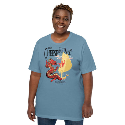 "One Cheese to Rule Them All" adult short sleeve t-shirt with dragon and cheese graphic design.