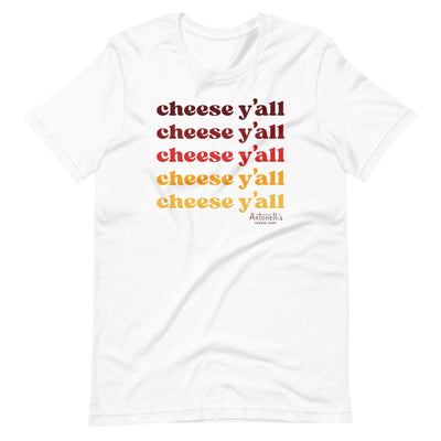 Unisex white t-shirt with colorful "Cheese Y'all" text design, soft and lightweight fabric.
