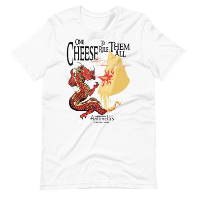 "One Cheese to Rule Them All" graphic on white adult short sleeve t-shirt featuring dragon design, Antonelli's Cheese Shop logo, soft cotton fabric.