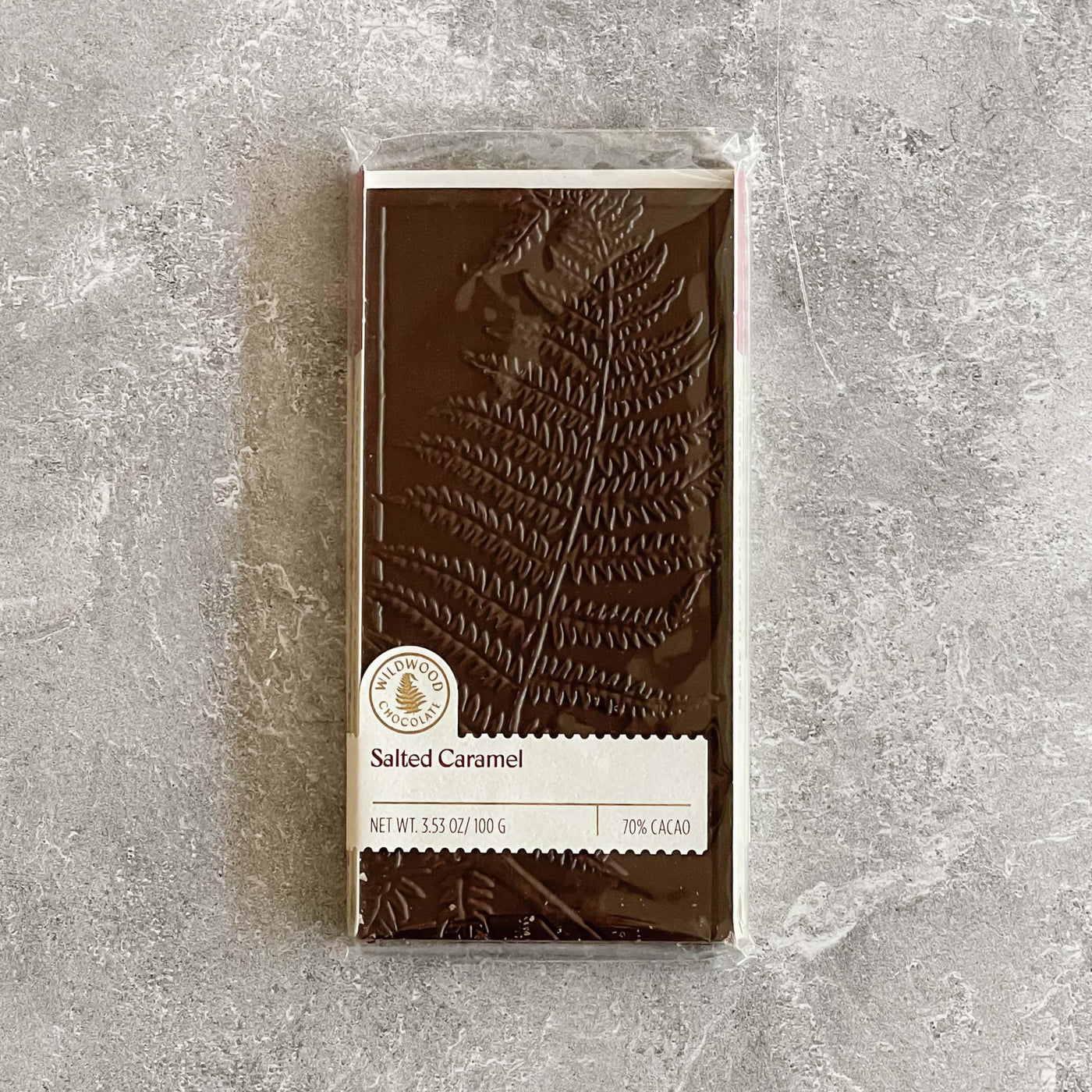 Salted Caramel Bar by Wildwood Chocolate, Oregon, with a fern design, 70% cacao.
