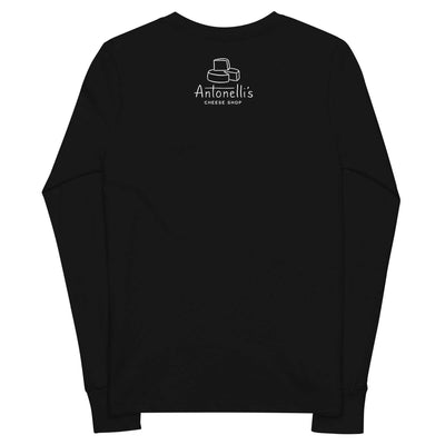 Youth Munster long sleeve tee in black, featuring Antonelli's Cheese Shop logo on the back.