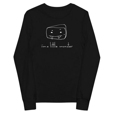 Youth "I'm a little Munster" long sleeve tee, black with playful design, soft Airlume cotton, durable fit.
