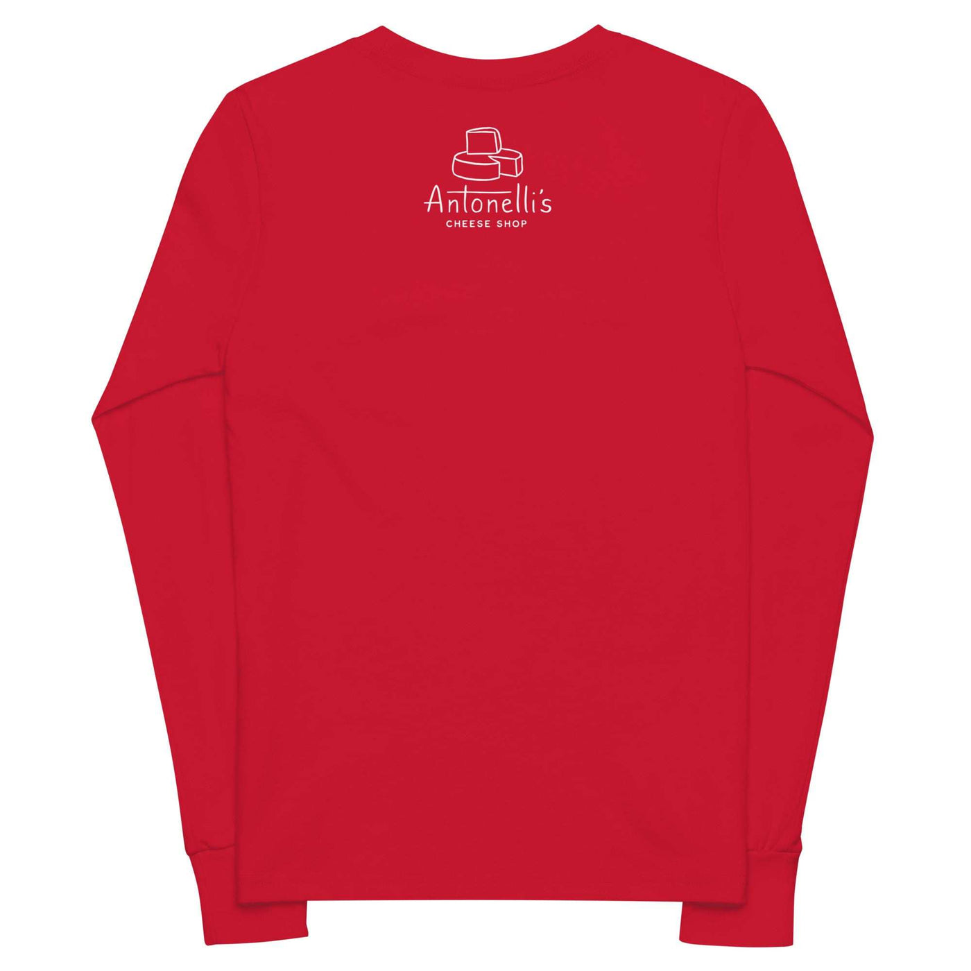Red youth Munster long sleeve tee with Antonelli's Cheese Shop logo on back, made from soft Airlume cotton.